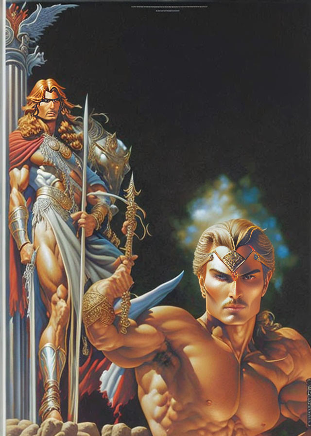 Fantasy warriors in heroic pose with sword and long hair