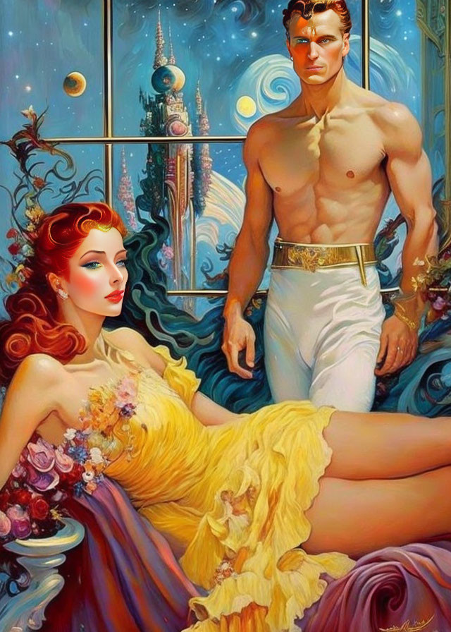 Fantastical digital artwork of a woman in a yellow dress with a muscular man in a dreamlike