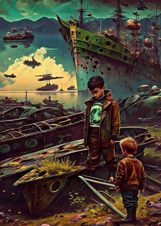 Dystopian scene with boys in graveyard of derelict ships under foreboding sky