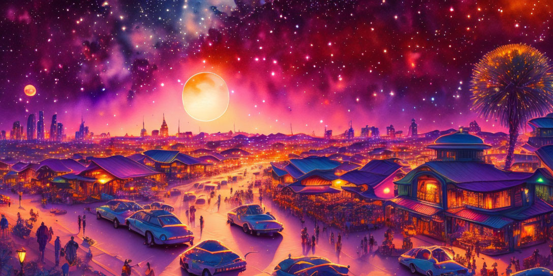 Futuristic cityscape at dusk with traditional architecture, vintage cars, and colorful lights