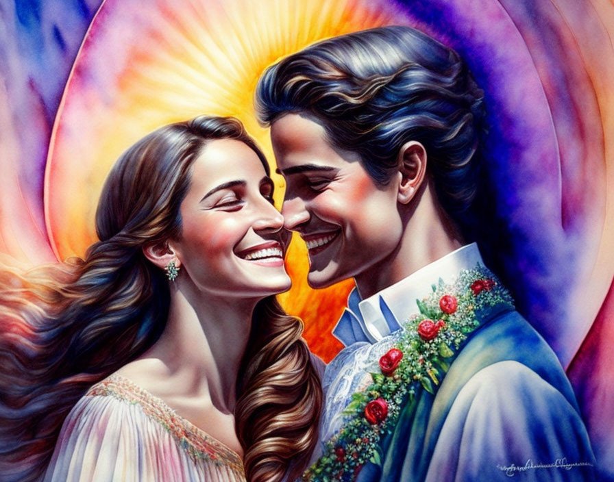 Smiling couple painting with radiant sunburst background