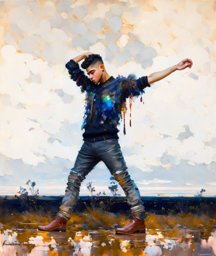 Person dabbing in surreal landscape with colorful sweater and stylish glasses.