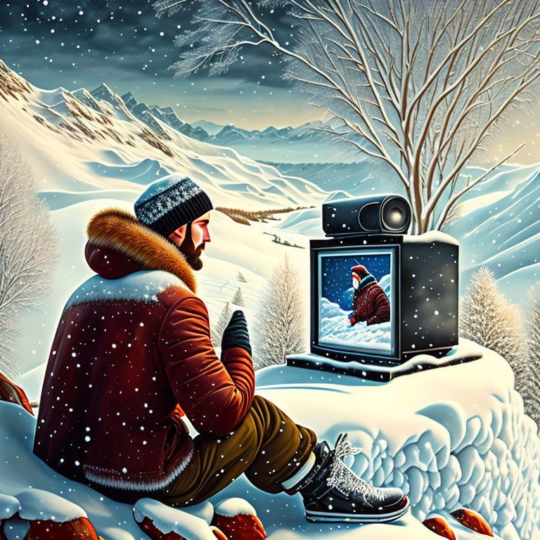 Person in Winter Attire by Vintage TV with Bear in Snowy Landscape