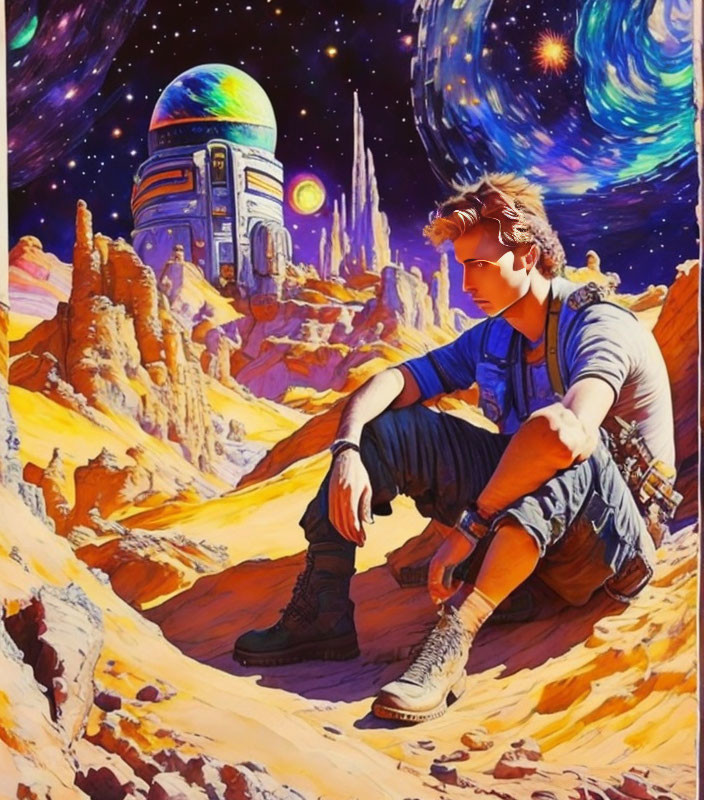 Person gazes at sci-fi landscape with robot and galaxies.