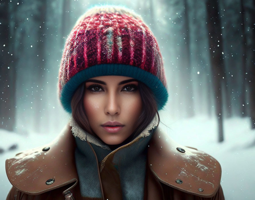 Woman in Colorful Knitted Hat and Winter Coat in Snowy Wooded Area