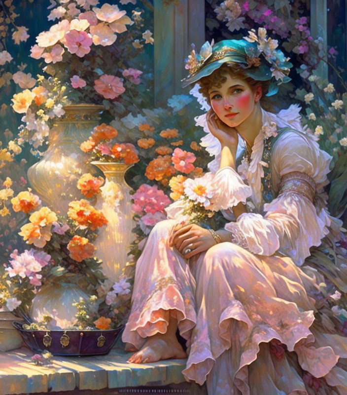 Victorian-era woman in pink dress and blue hat with roses and vase in soft lighting