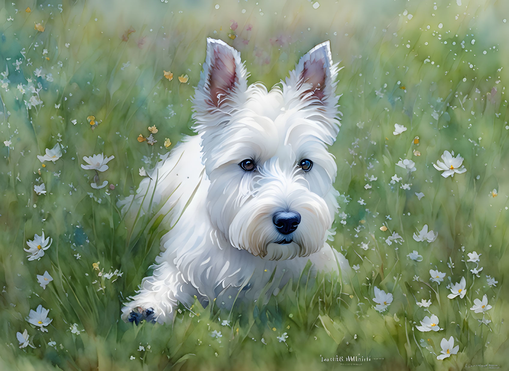 White West Highland Terrier in Field of White Flowers