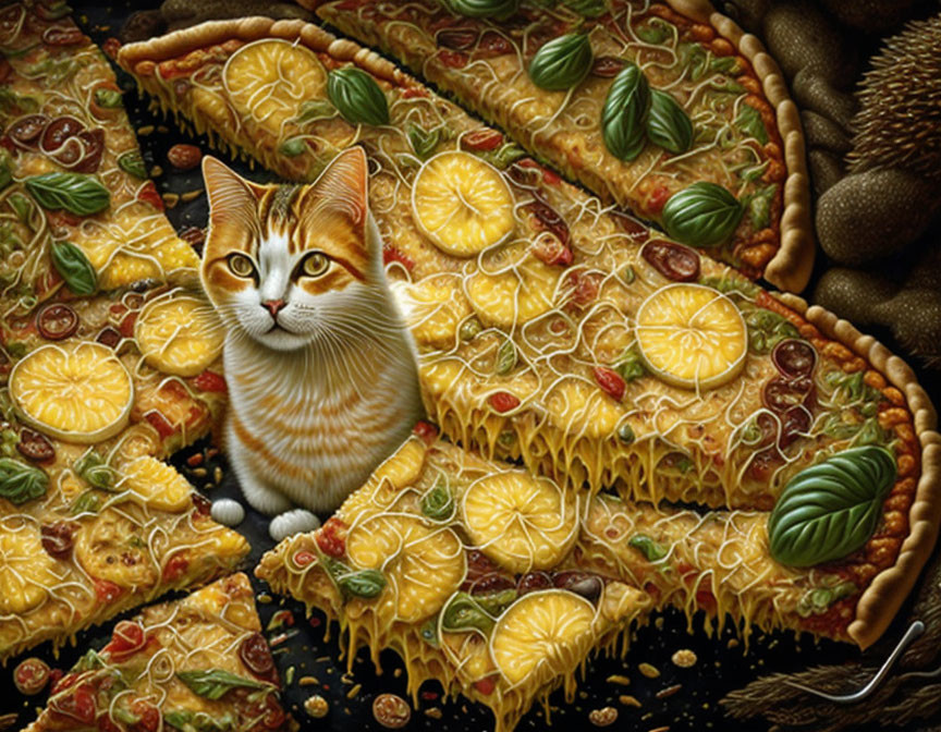 Cat surrounded by pizza slices with cheese, basil, and lemon