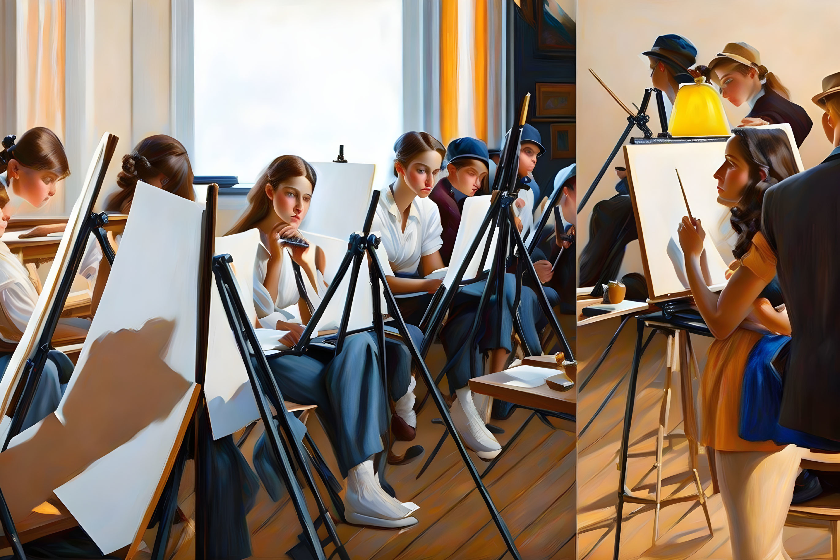 Art students painting with easels in sunlit studio: Concentration and creativity.