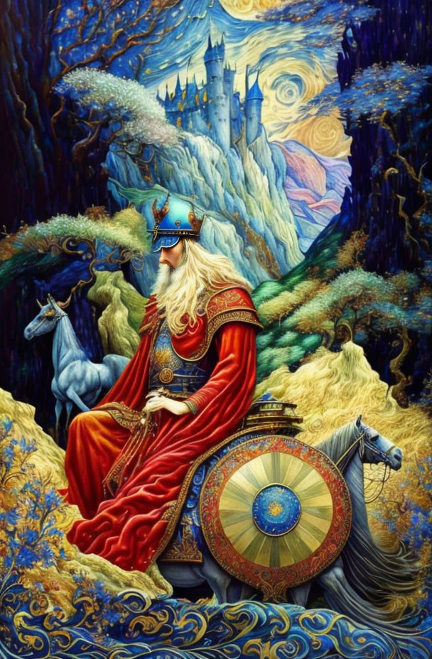 Regal king in red and gold robes with sword, shield, and horn in mystical forest.