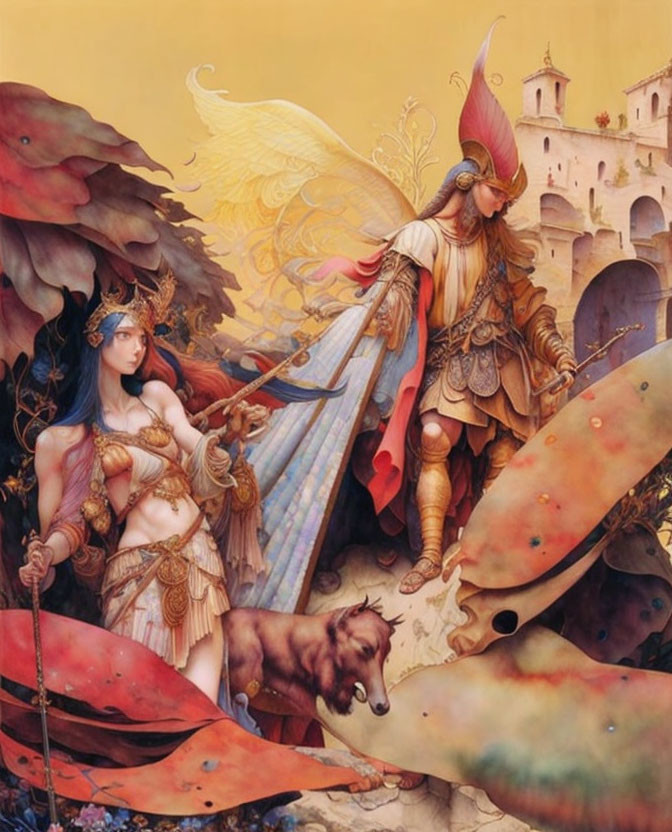 Fantasy artwork of warrior in golden armor and winged helmet with female figure, spear, castle,