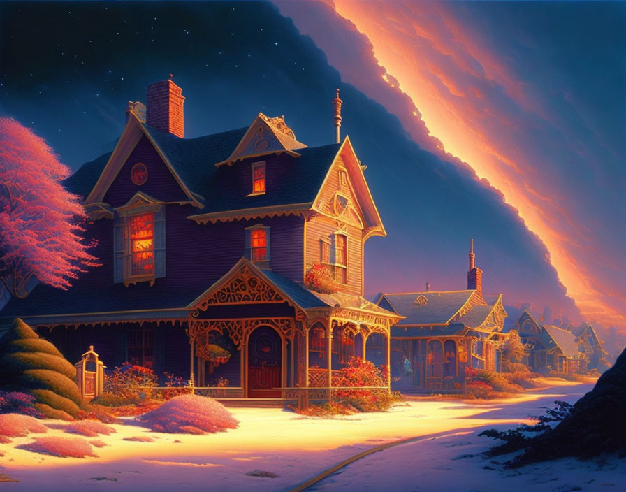 Victorian-style houses with Christmas decorations in snowy twilight