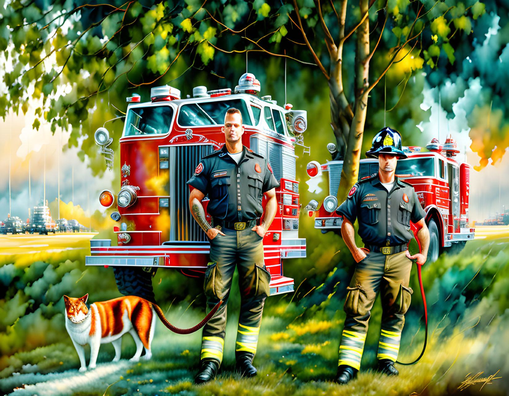 Vintage fire truck scene with firefighters, cat, and industrial smoke