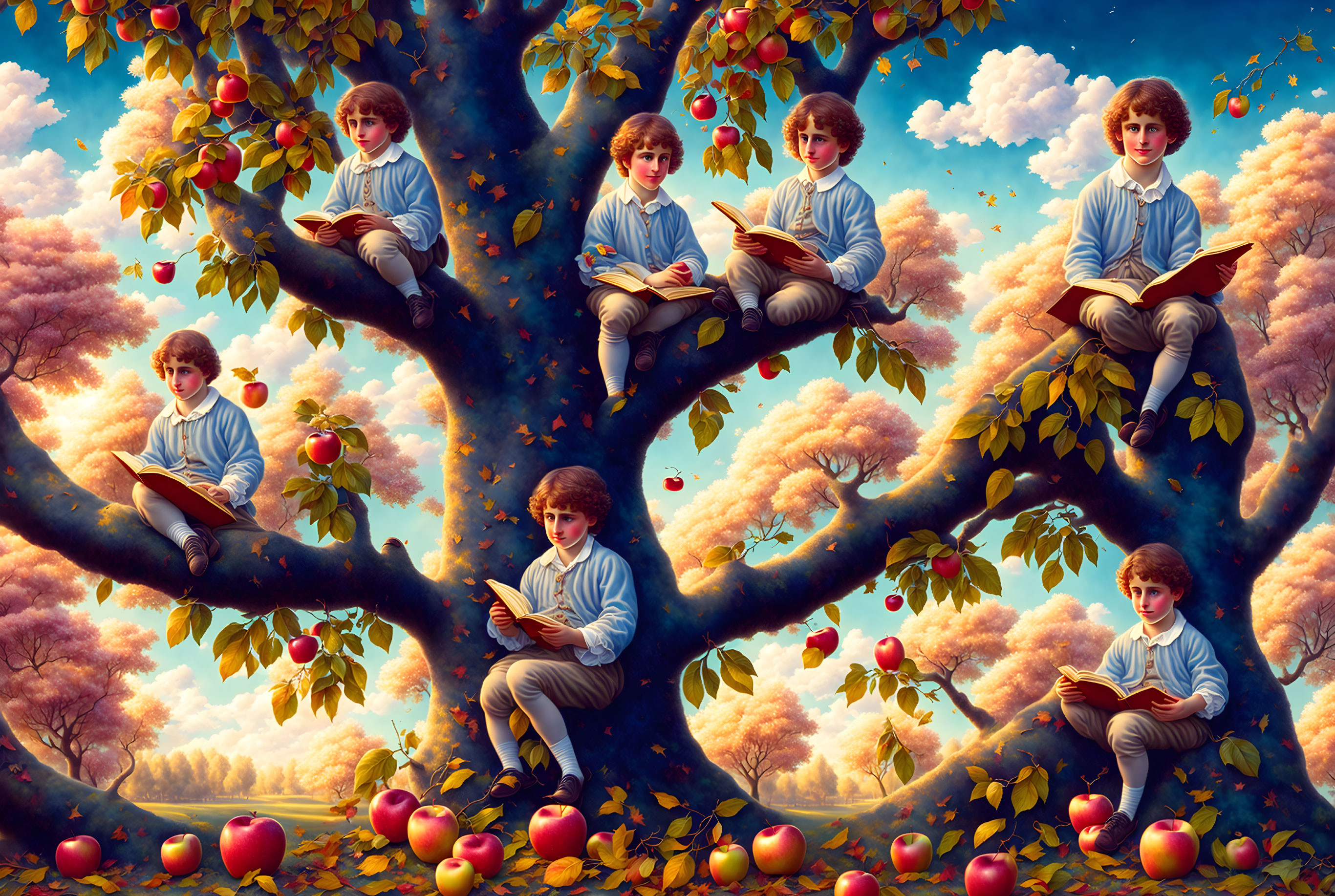 Boy reading book in surreal, fruit-filled tree scenes