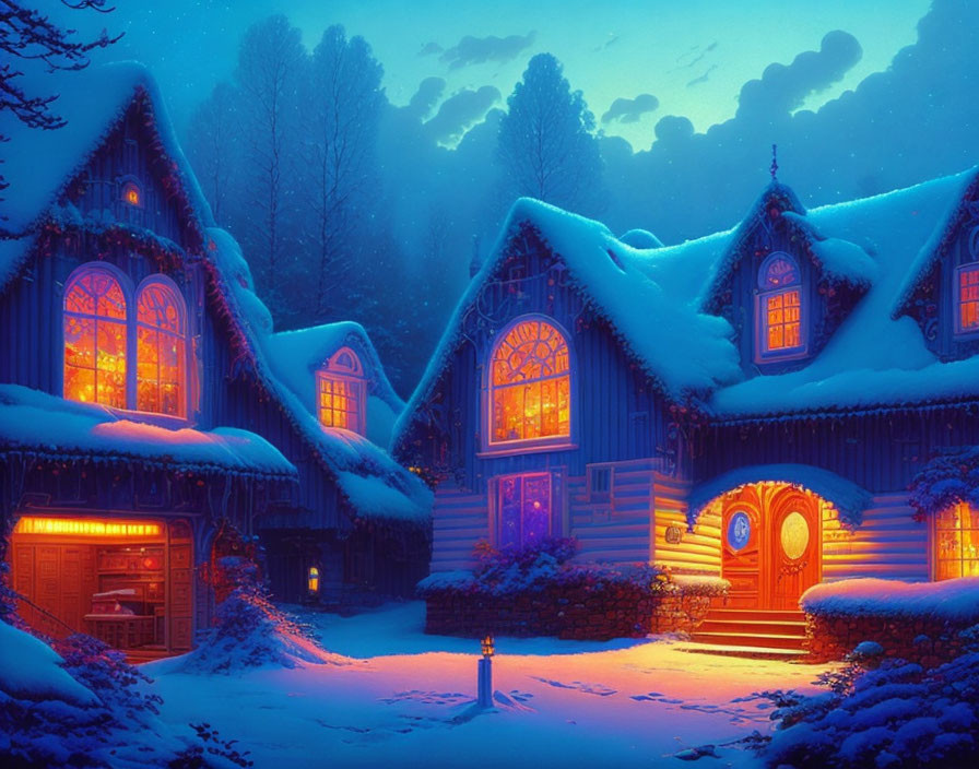 Cozy Twilight Scene: Snow-covered Cabins in Serene Forest