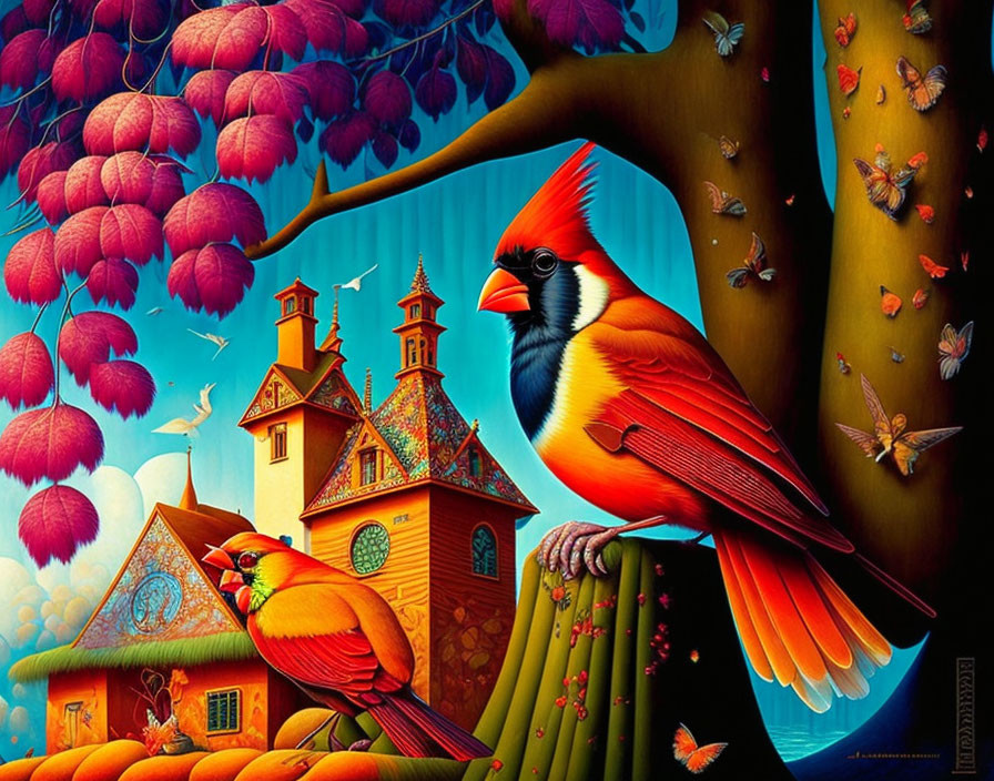 Surreal Scene of Cardinals and Colorful House