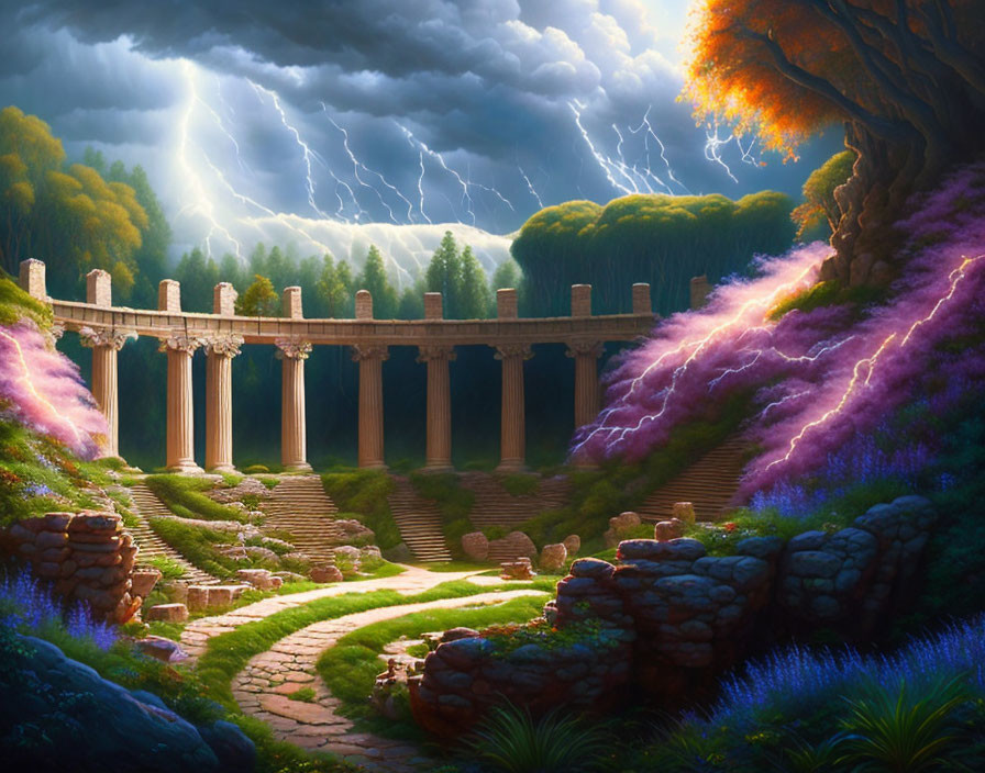 Mystical Landscape with Stone Columns and Storm Clouds