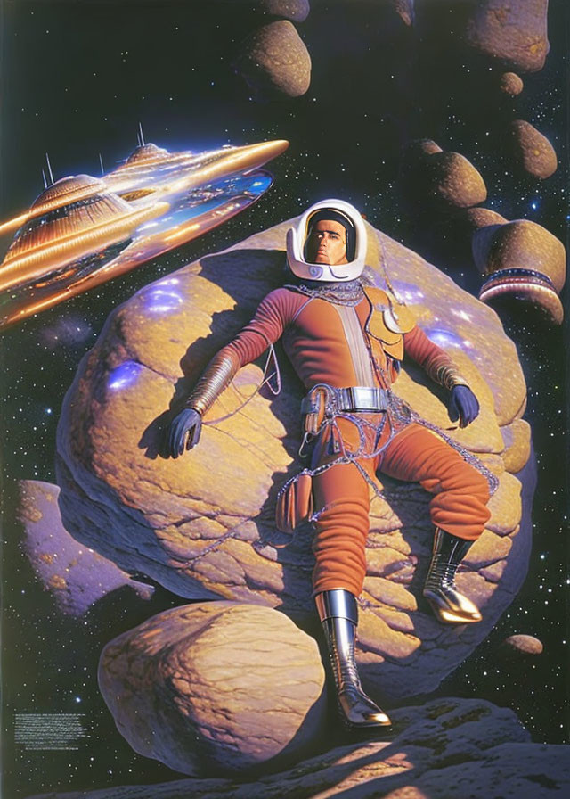 Astronaut in spacesuit among asteroids with spaceship and starry background