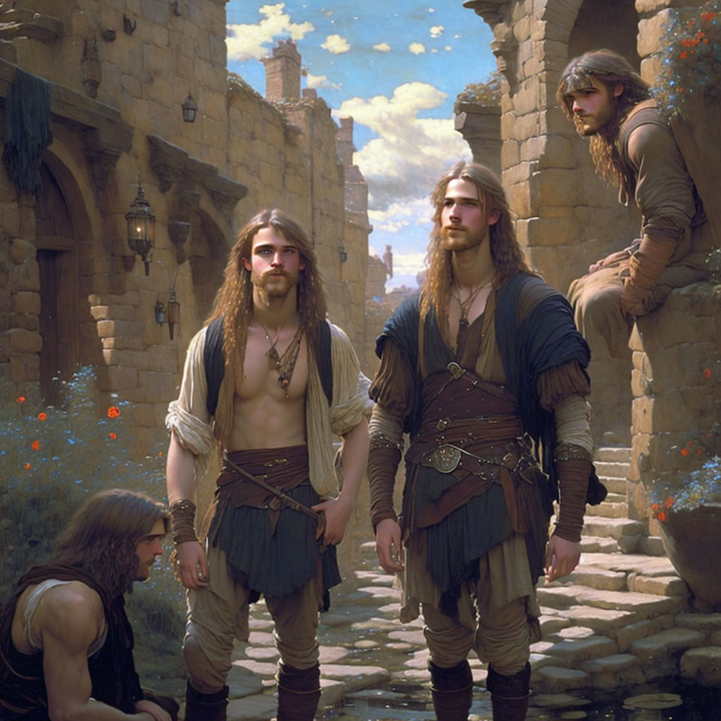 Group of Long-Haired Individuals in Medieval Attire by Old Stone Building