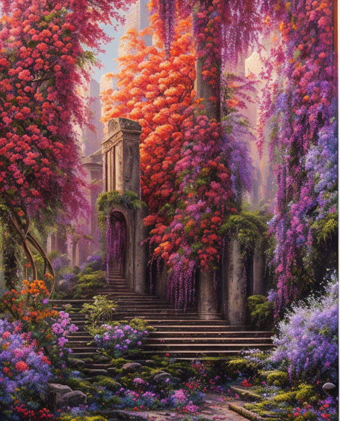Colorful Fantasy Garden with Flowering Trees and Ancient Ruins