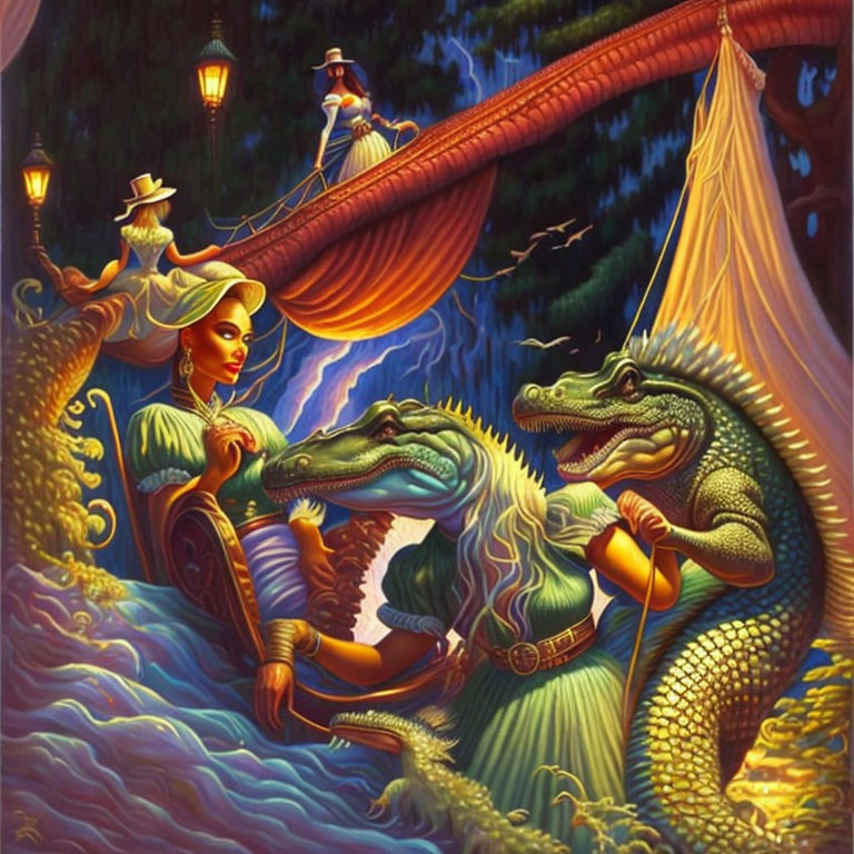 Illustration of woman dancing with alligator under moonlight