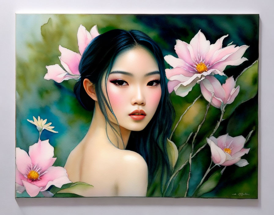 Portrait of woman with black hair and pink flowers merging human and floral features