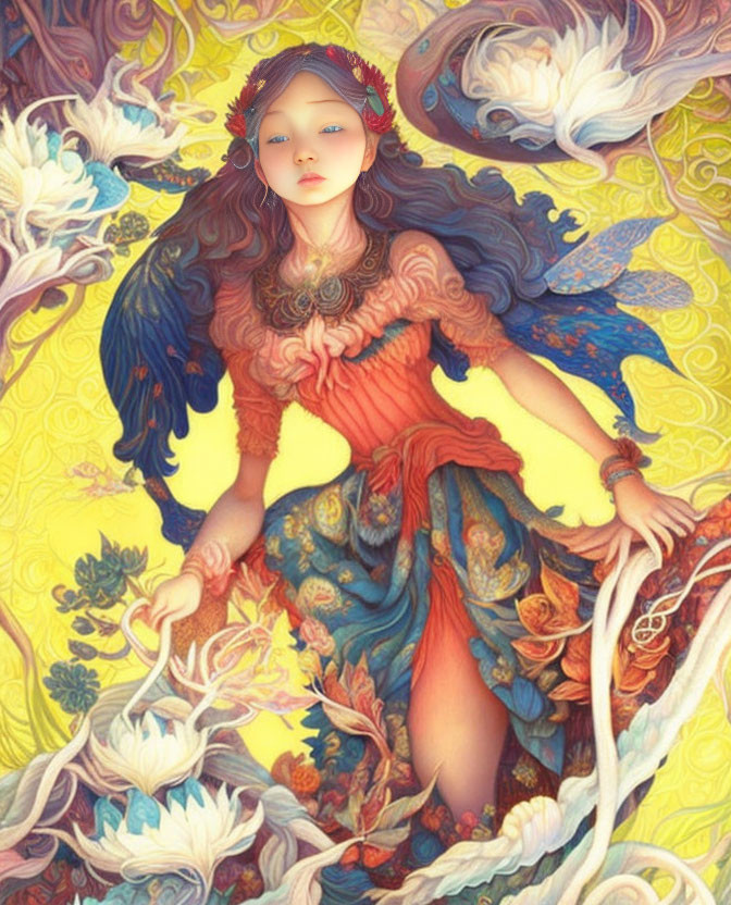 Colorful illustration: Woman with angelic wings in dreamlike setting