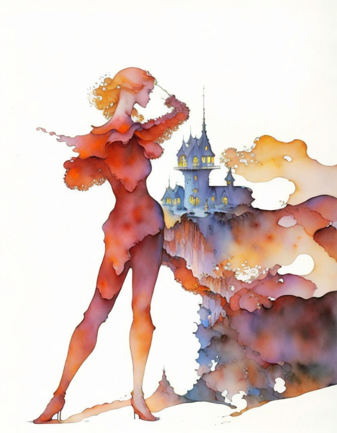 Stylized watercolor illustration of dancing woman and castle in vibrant colors