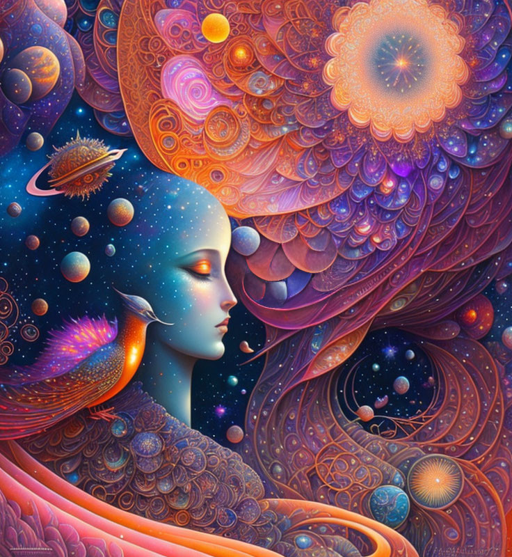 Female profile merged with cosmic elements and intricate patterns in vibrant colors.