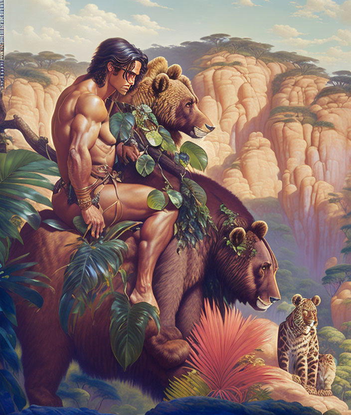 Muscular man with glasses on bear in jungle with leopard.