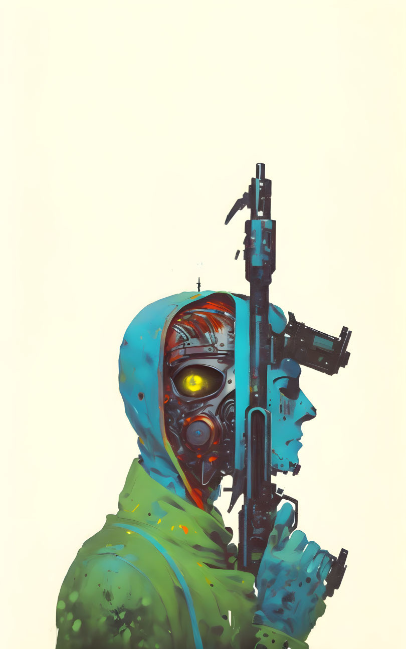 Cyborg with Robotic Eye Holding Rifle in Colorful Illustration