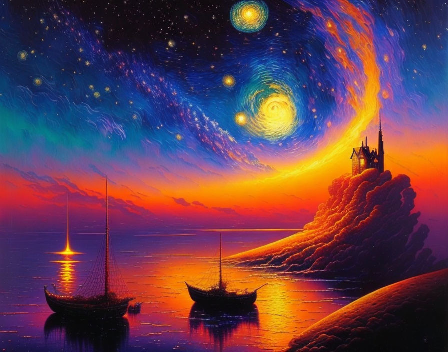 Colorful fantasy artwork: Sunset, sailing ships, castle, galaxies