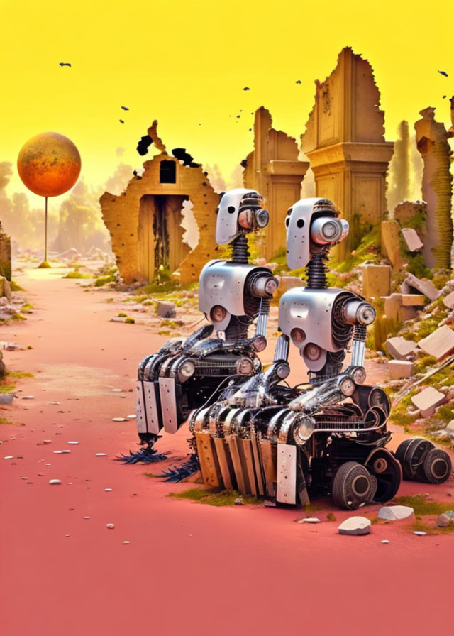 Robots with human-like features in ruins under orange sky with birds and tree.