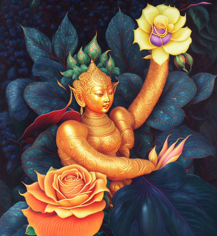 Colorful artwork of golden figure with lotus and roses in lush foliage