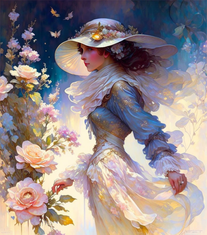 Vintage woman painting in floral hat among blooming roses.