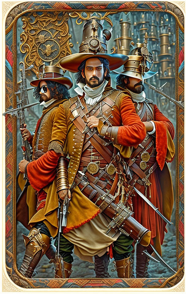 Three men in 17th-century European military attire with muskets and armor in front of orn