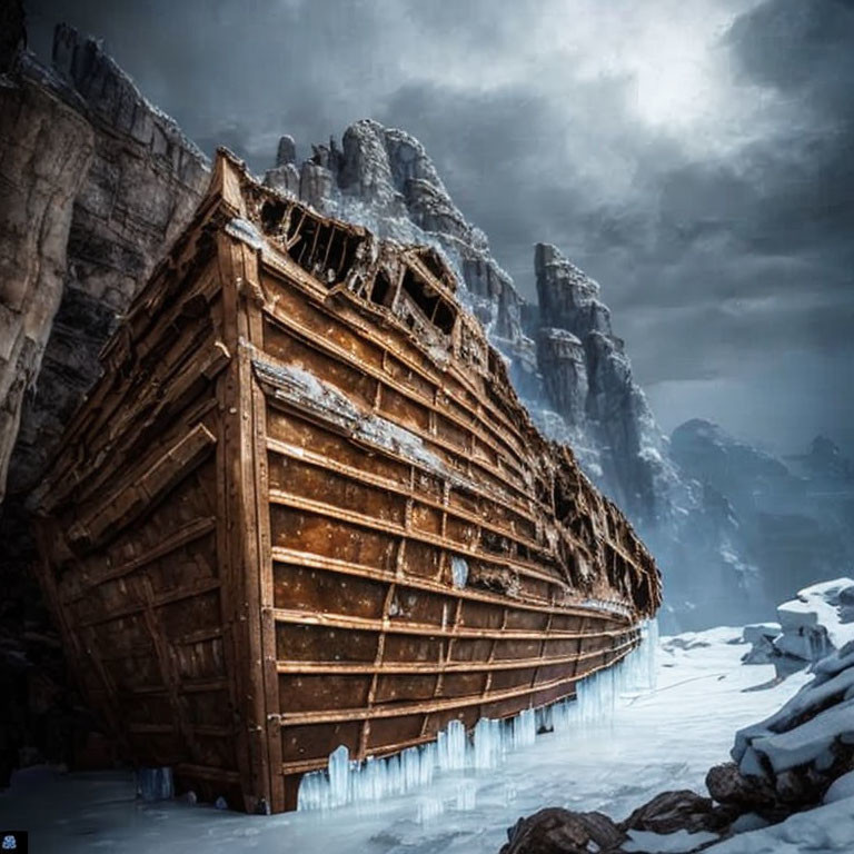 Wooden shipwreck on icy terrain with snow-covered cliffs and moody sky