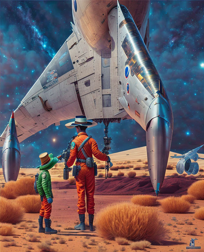 Astronauts in orange and green suits on alien planet with spacecraft