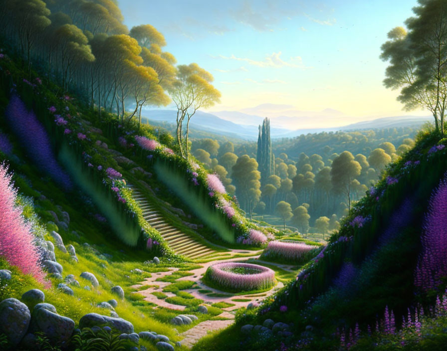 Serene Landscape with Lush Hills and Vibrant Flowers