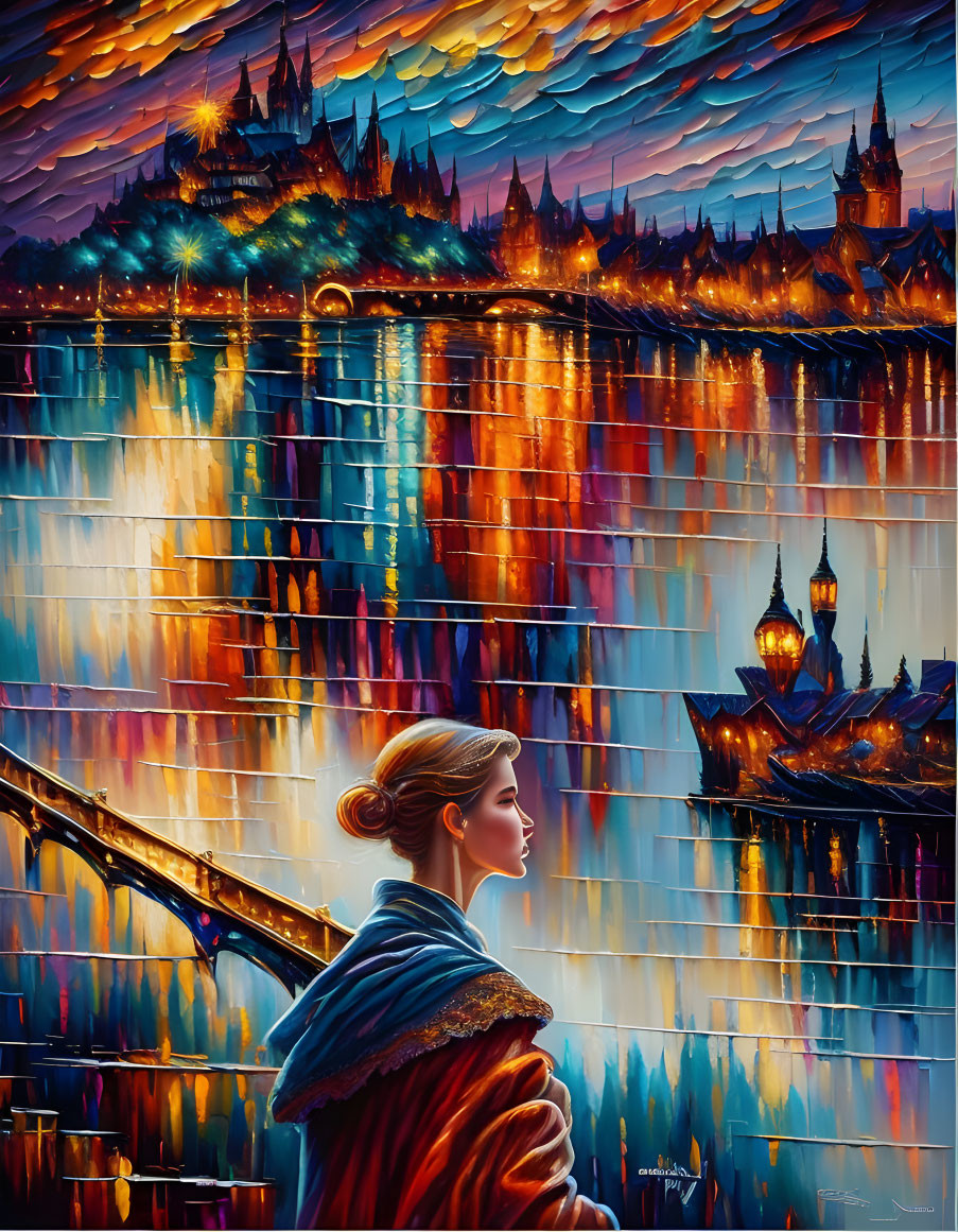 Woman in cloak gazes at castle by reflective lake at dusk