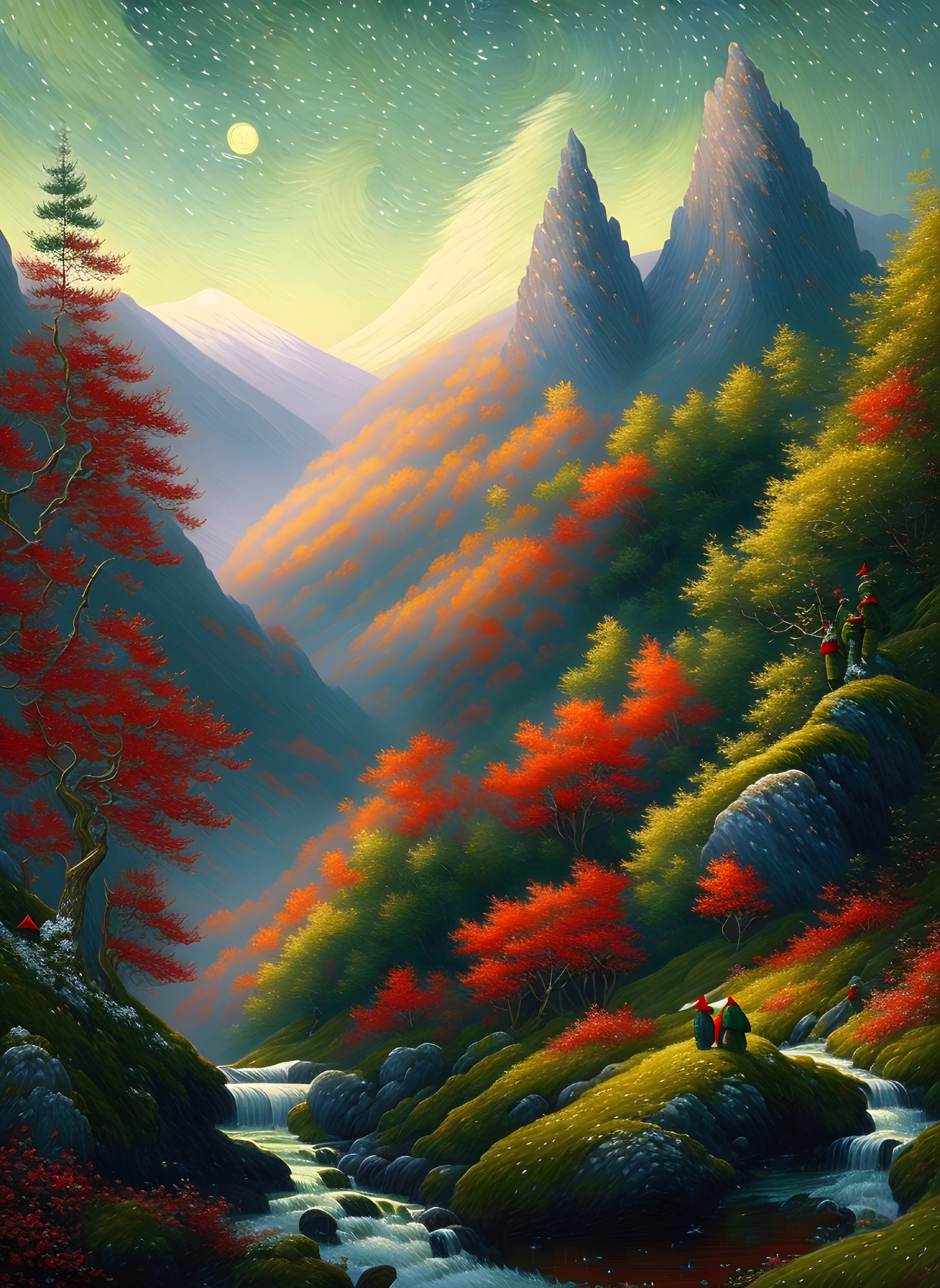 Vibrant autumnal scene: red trees, stream, people, mountain, starry sky.