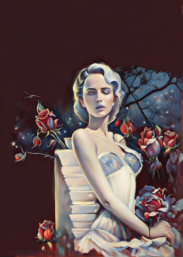 Illustration of woman with classic features near red roses and surreal night sky