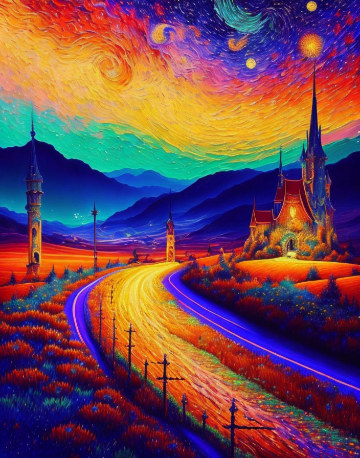 Surreal landscape with starry sky, blue road, whimsical castle, and colorful flora