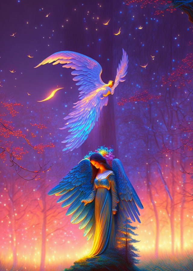 Radiant angel with blue wings in mystical forest with soaring companion.