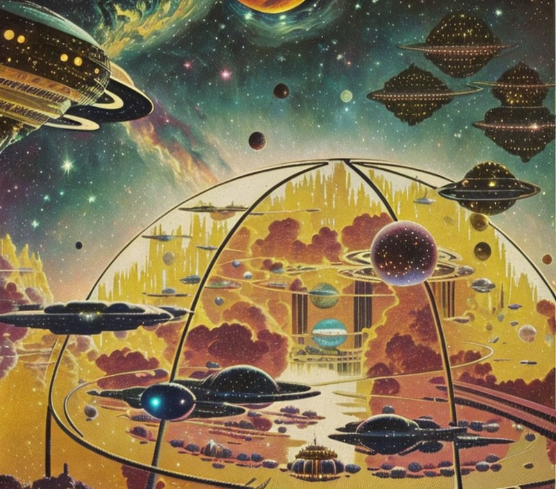 Retro-futuristic space scene with spacecraft, orange planet, and domed cities