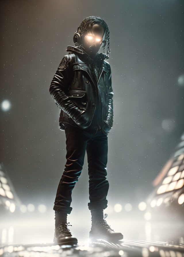 Person in leather jacket and headphones in dimly lit setting with glowing lights.