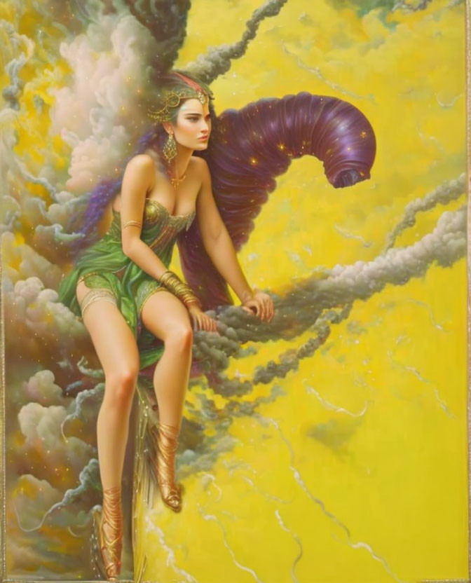 Fantasy artwork of woman in green and gold attire on crescent moon in dreamy yellow sky