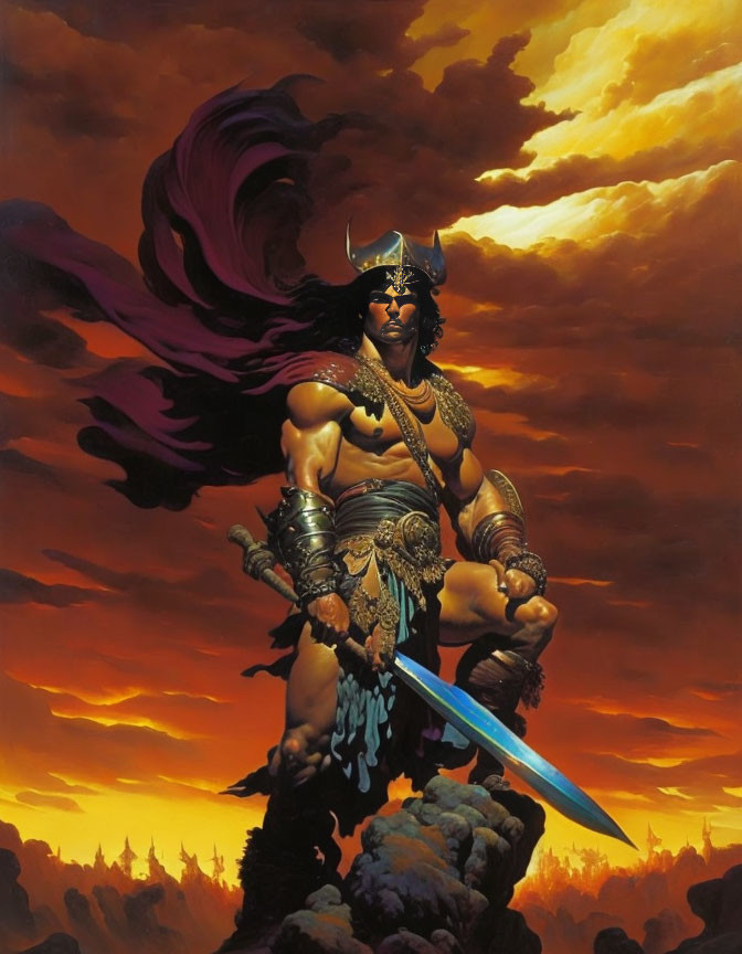 Muscular warrior with helmet and sword against dramatic sky