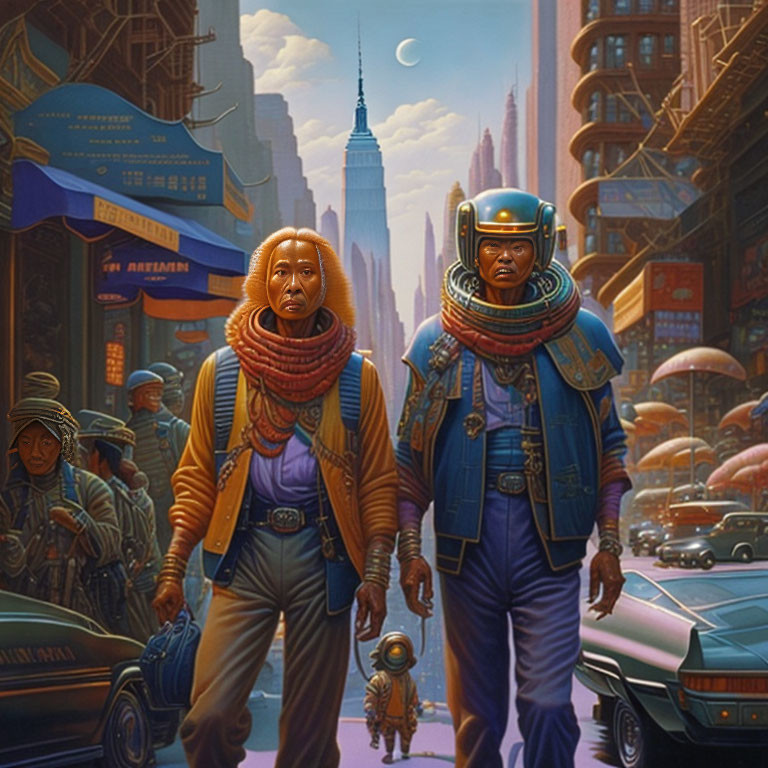 Futuristic cityscape with tech-enhanced individuals and Empire State Building