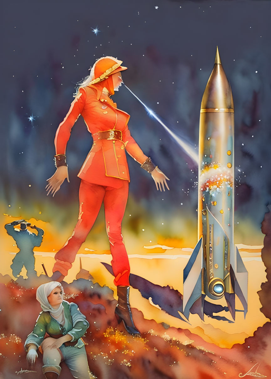 Orange spacesuit figure gazes at rocket in alien landscape with second figure observing sky